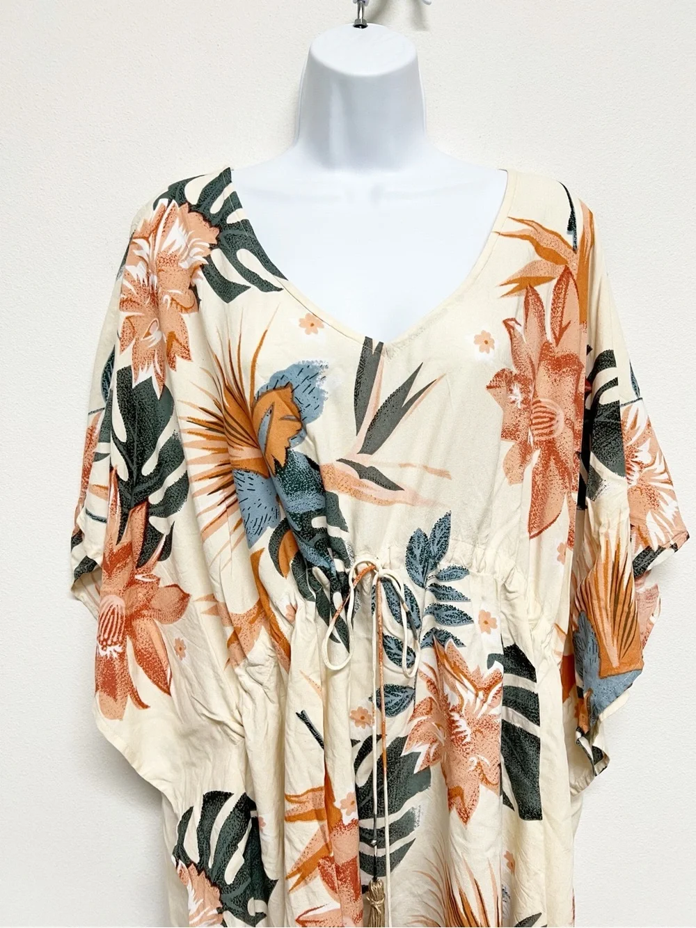 Z & L Womens Tropical Palm Print Shell Beaded Coverup Kaftan Tunic Size Medium
